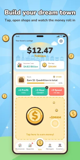 Build your dream town: tap, open shops and watch the money roll in