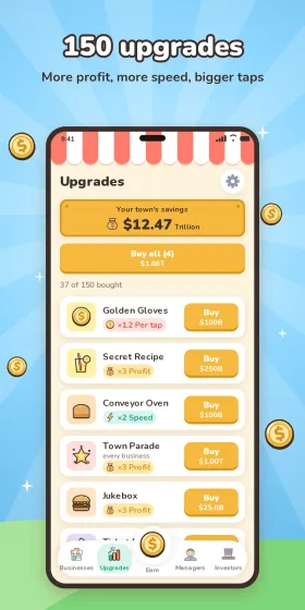150 upgrades: more profit, more speed, bigger taps